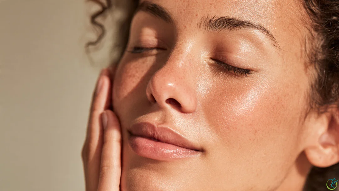 A close-up of a woman with glowing skin, showing natural texture and early signs of Aging.