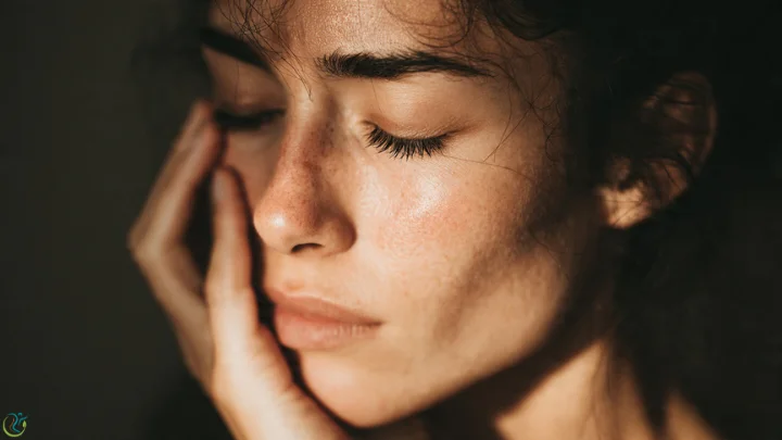 A close-up of a woman touching her face, showing tired skin and early signs of Aging.