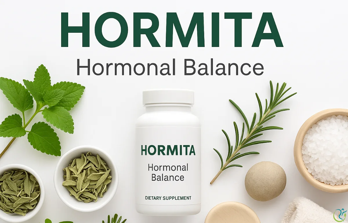 Hormita supplement bottle with natural herbs on a clean white wellness background
