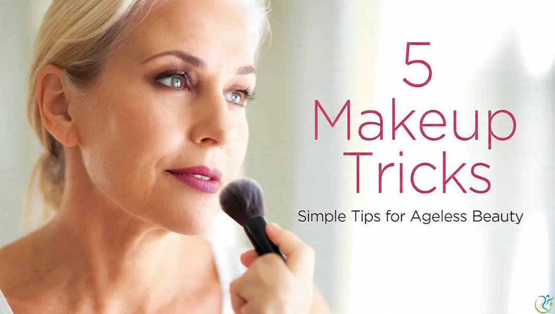 Makeup tutorial image of a woman over 50 applying blush with a brush, showing natural mature beauty.