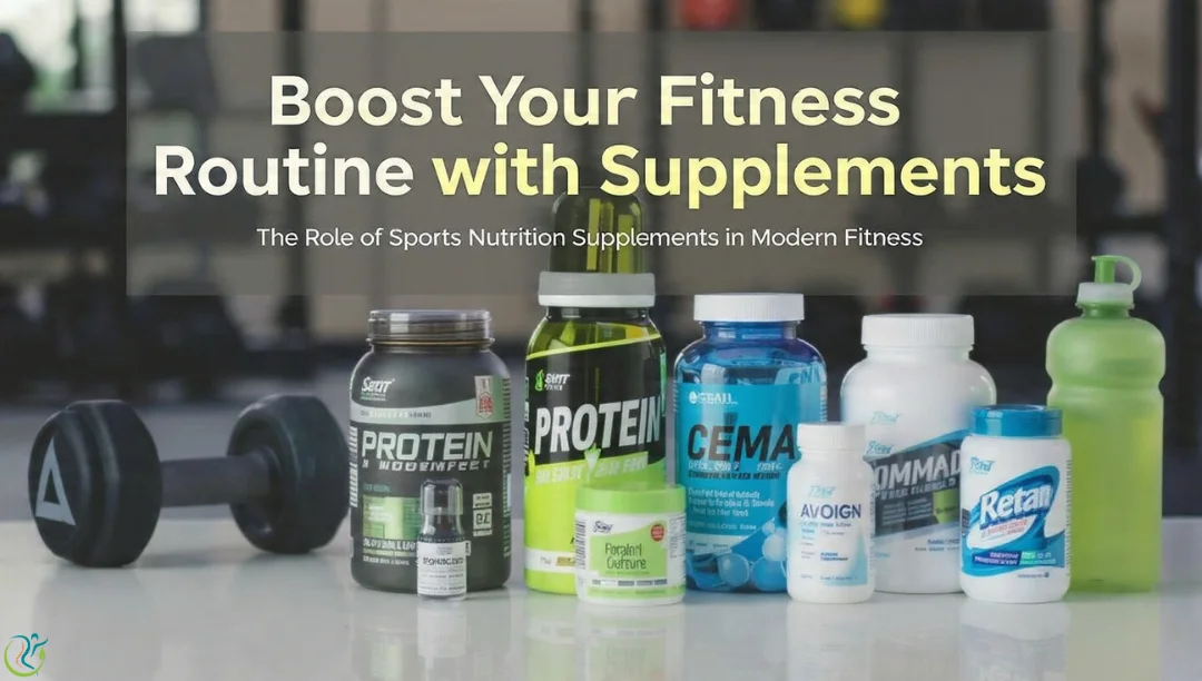 Supplements displayed on a gym table with dumbbells, featuring protein powders, hydration formulas, and other fitness products for enhancing training routines.