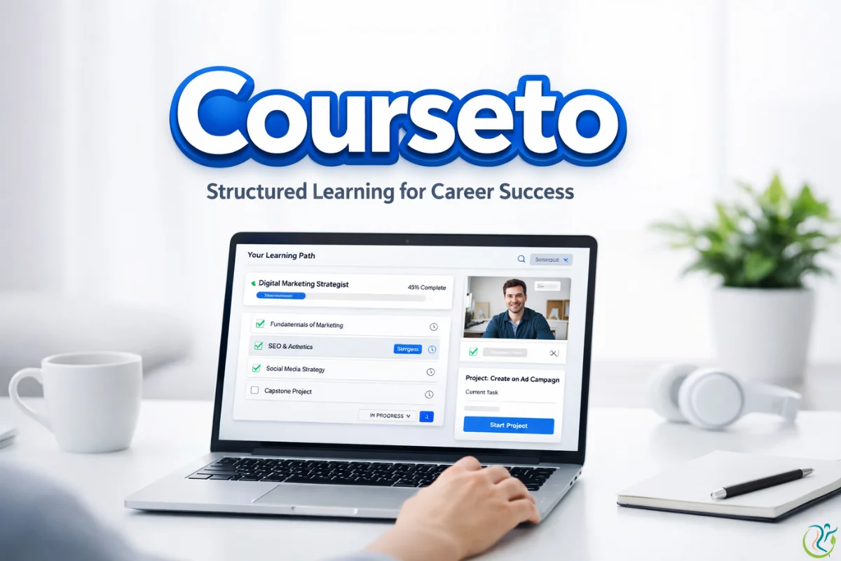Courseto online learning platform showing structured learning paths and career-focused courses on a modern laptop.
