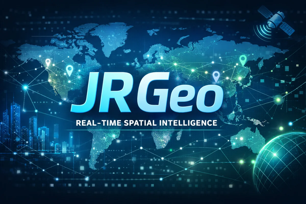 JR Geo featured image showing real-time geospatial intelligence with a digital world map and smart city data overlays