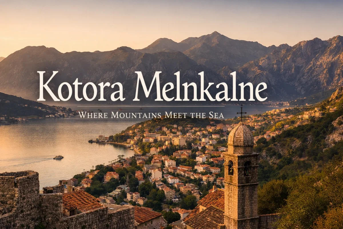 Kotora Melnkalne overlooking the Bay of Kotor with medieval stone walls, Adriatic Sea, and black mountains at golden hour