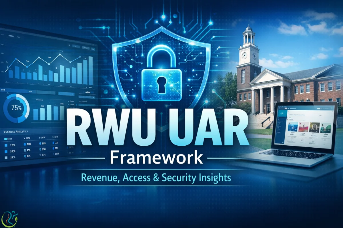 RWU UAR framework illustration showing cybersecurity lock, business analytics dashboard, and university access system