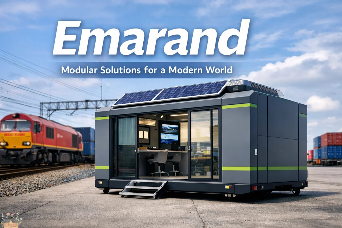 Emarand modular Herbie unit near railway tracks showcasing smart logistics and sustainable mobile infrastructure