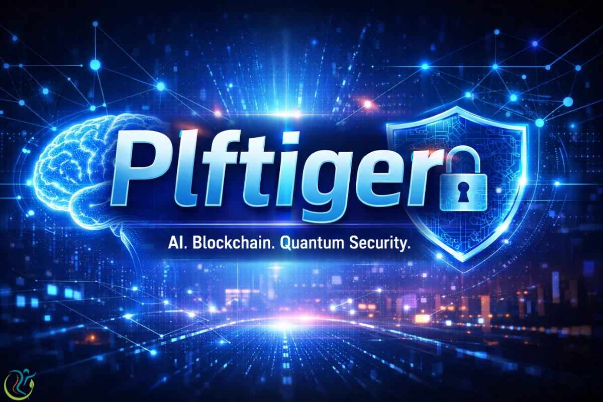 Plftiger AI blockchain quantum security framework with digital brain and cybersecurity shield illustration