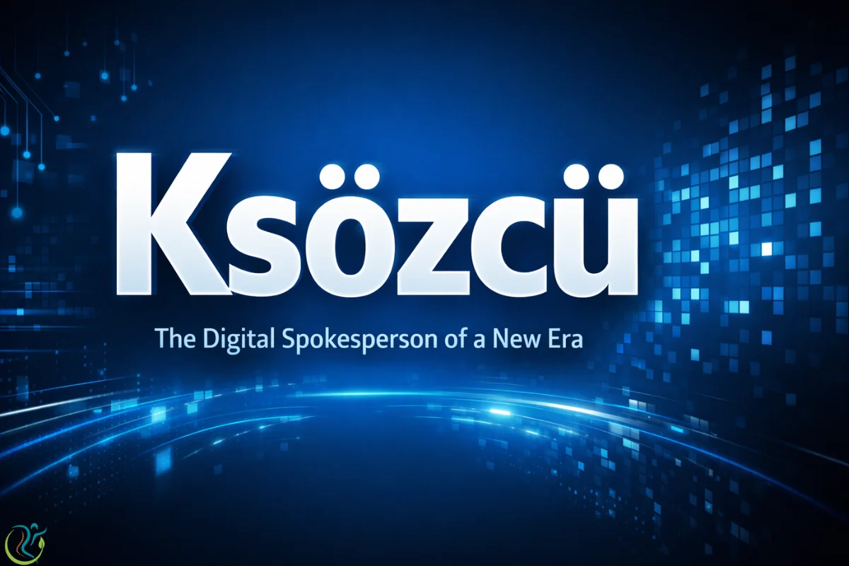 Ksözcü digital spokesperson concept with bold typography on futuristic blue tech background