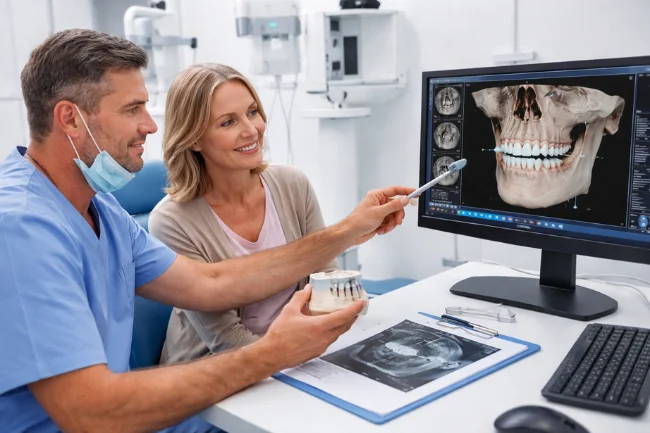 Dentist explaining 3D dental scan to patient during consultation in a modern clinic
