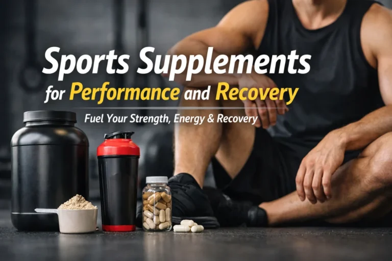 Sports supplements for performance and recovery with protein powder, shaker bottle, creatine capsules, and athlete resting in gym