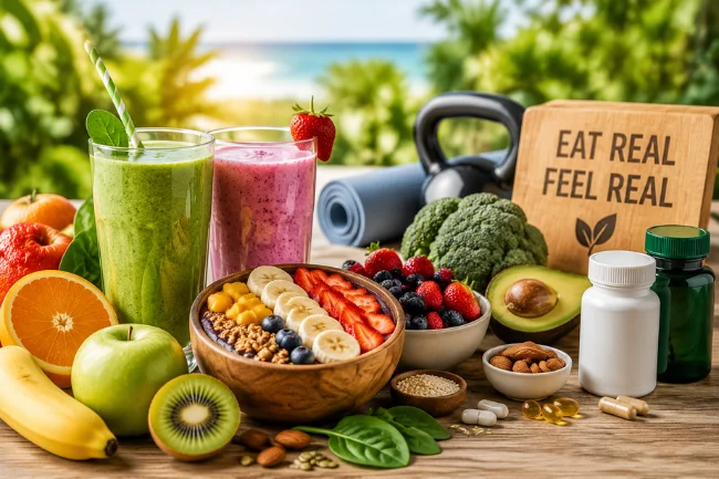 Healthy nutrition smoothies and fruits on table for Bottom Line nutrition lifestyle concept