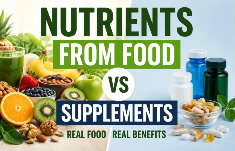 Nutrients From Food vs Supplements infographic showing healthy foods and supplement bottles comparison