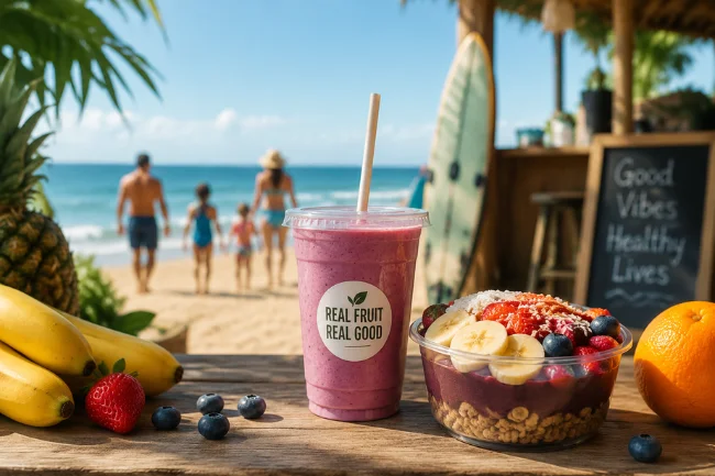 Smoothie vs supplements beach nutrition example with fresh smoothie and fruit bowl by the ocean