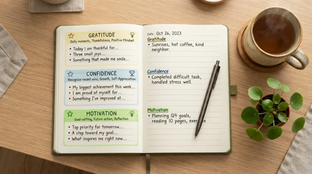 An open handwritten journal on a wooden desk showing three distinct prompt categories: Gratitude, Confidence, and Motivation, surrounded by colorful sticky notes and a cup of tea.