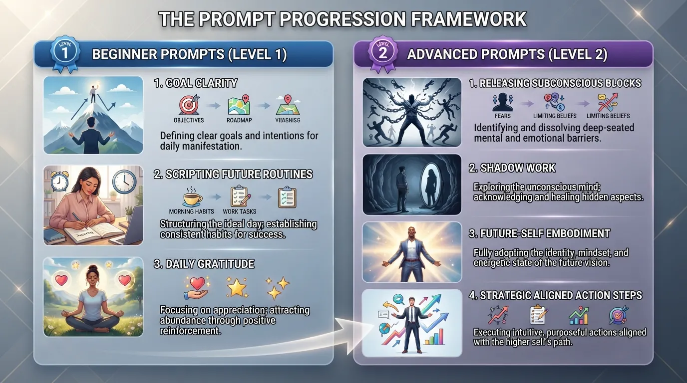 A structured visual breakdown showing manifestation journal prompt levels categorized from beginner foundational goal-setting to advanced subconscious belief clearing.