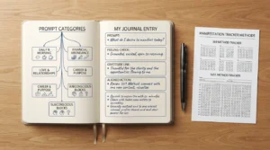 Manifestation Journal Prompts A comprehensive visual guide showing an open hand-written manifestation journal surrounded by labeled prompt categories, a filled-in journaling example entry, and a printable PDF tracking template.