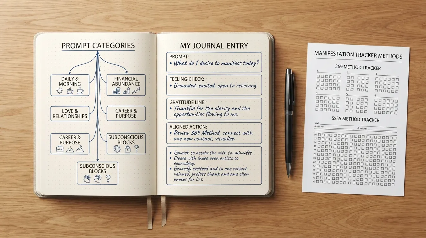 A comprehensive visual guide showing an open hand-written manifestation journal surrounded by labeled prompt categories, a filled-in journaling example entry, and a printable PDF tracking template.
