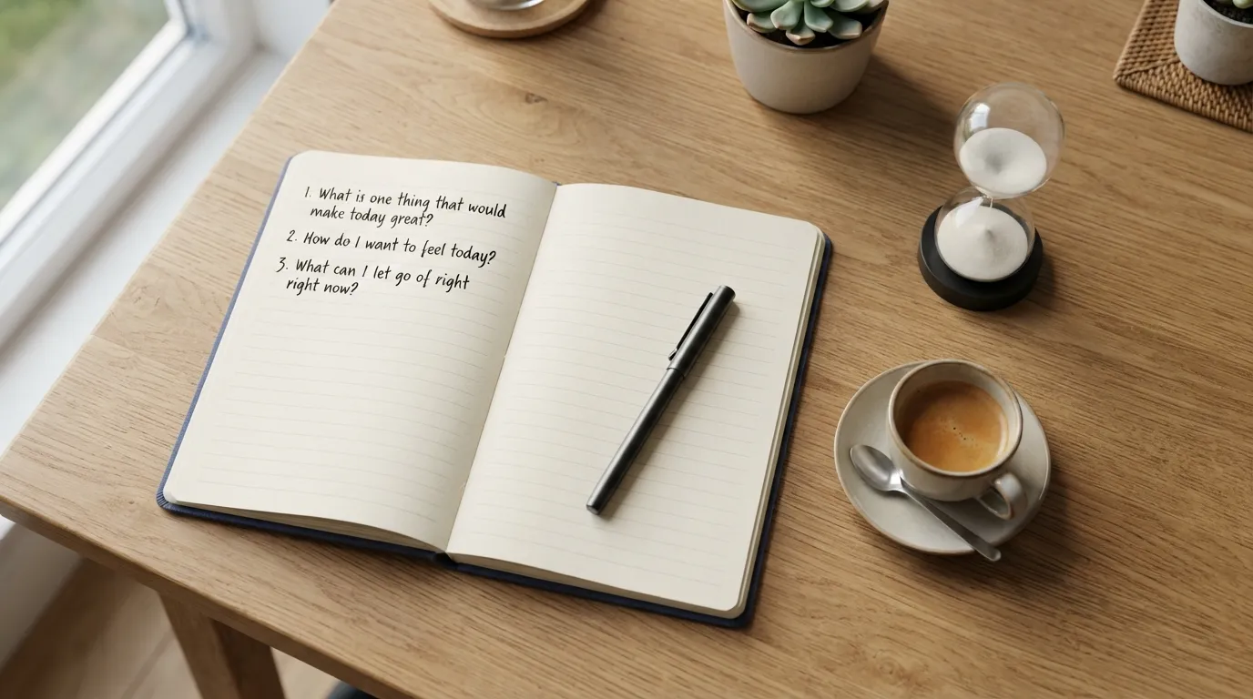 An open journal displaying quick two-minute morning writing prompts next to a cup of coffee and a pen.
