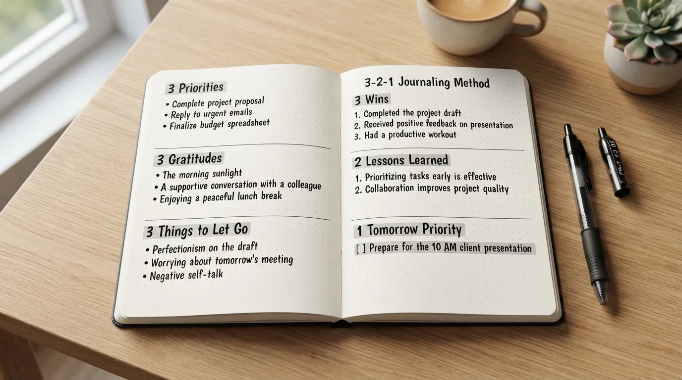 A clean, top-down view of an open dotted journal page clearly divided into two structured layout examples comparing the 3-3-3 method (achievements, gratitude, letting go) and the 3-2-1 method (wins, lessons, priorities).