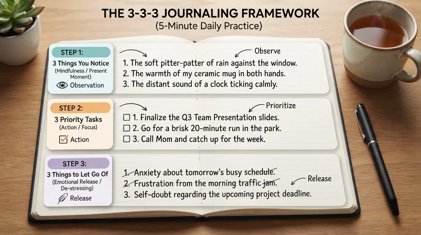 Diagram illustrating the 3-3-3 journaling method with a handwritten notebook example breaking down 3 things noticed, 3 things to accomplish, and 3 things to let go of.