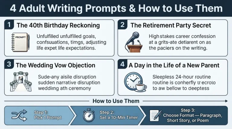 Infographic showing 4 adult writing prompts with step-by-step instructions on how to set a timer, write without editing, and choose a creative format.