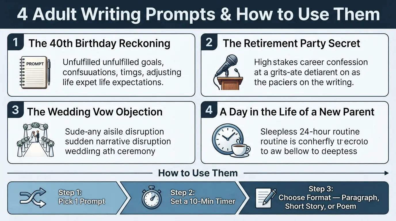 Infographic showing 4 adult writing prompts with step-by-step instructions on how to set a timer, write without editing, and choose a creative format.