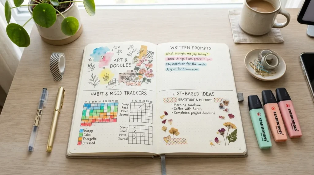 A flat lay visual guide displaying a creative journal surrounded by color-coded sections for writing prompts, doodle ideas, mood trackers, and daily reflection layouts.