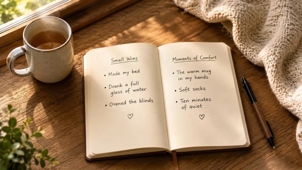 An open handwritten journal resting on a wooden table beside a warm cup of tea and a cozy blanket, showing simple list-style entries for daily small wins and quiet moments of comfort.