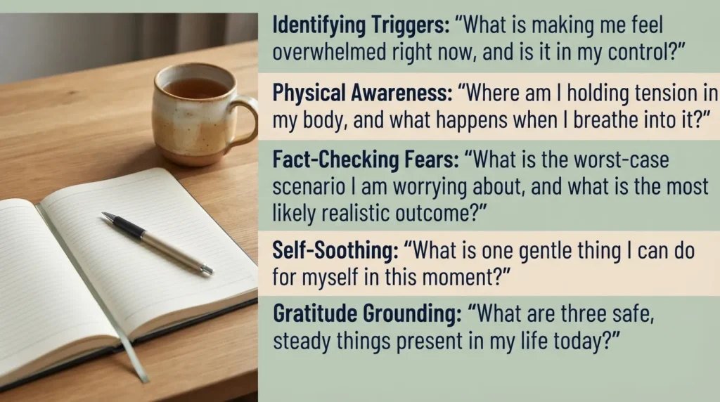 Infographic displaying a structured list of five healing journal prompts for managing anxiety, shown next to an open notebook and a cup of tea.