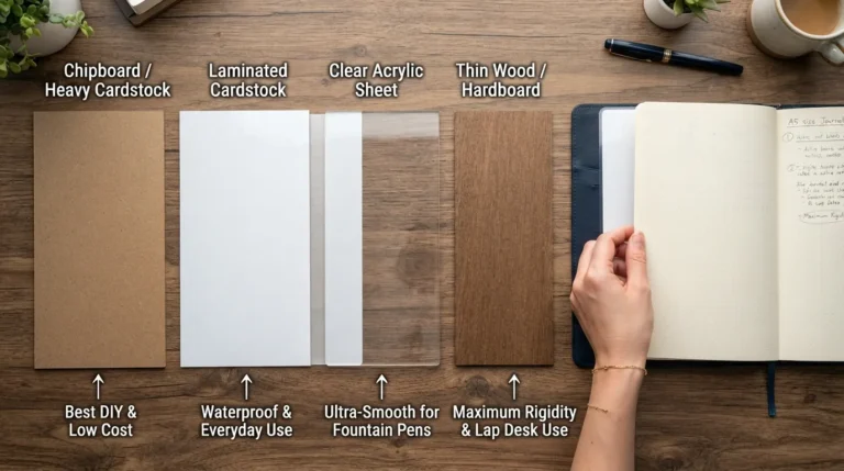 Flat lay comparison of practical materials used as journal backing boards, including chipboard, laminated cardstock, clear acrylic sheet, and thin wooden clipboard.