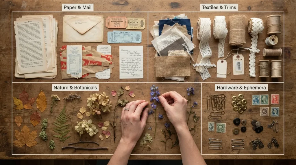 Flat lay of categorized junk journal materials including paper scraps, vintage stamps, fabric pieces, and natural elements neatly arranged by type.