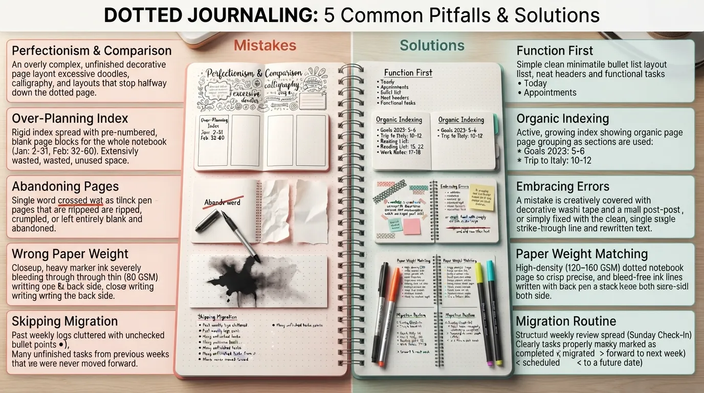 A side-by-side visual comparison guide showing common dotted journal mistakes like bleeding ink, rigid indexing, and abandoned pages on the left, with practical solutions like proper GSM paper selection and flexible migration on the right.