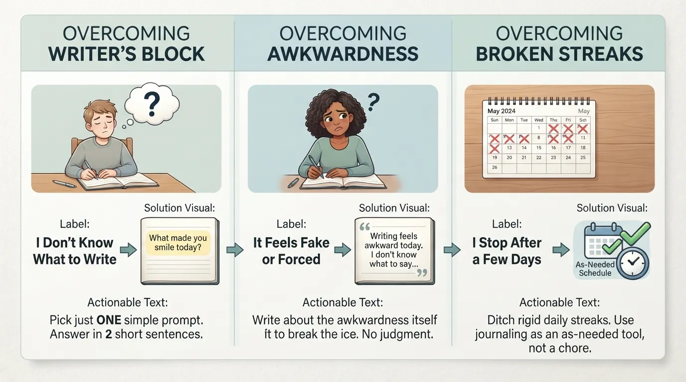 Infographic illustrating three common journaling struggles—writer's block, feeling forced, and breaking streaks—with actionable solutions for each.