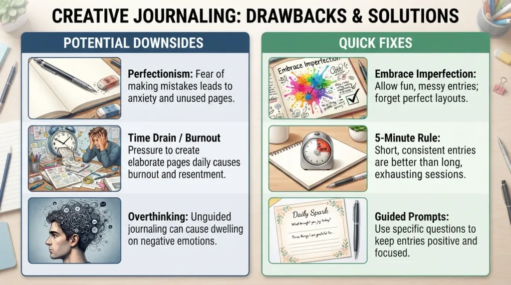 An infographic displaying common challenges of creative journaling like perfectionism, burnout, and overthinking, alongside practical quick fixes for each.