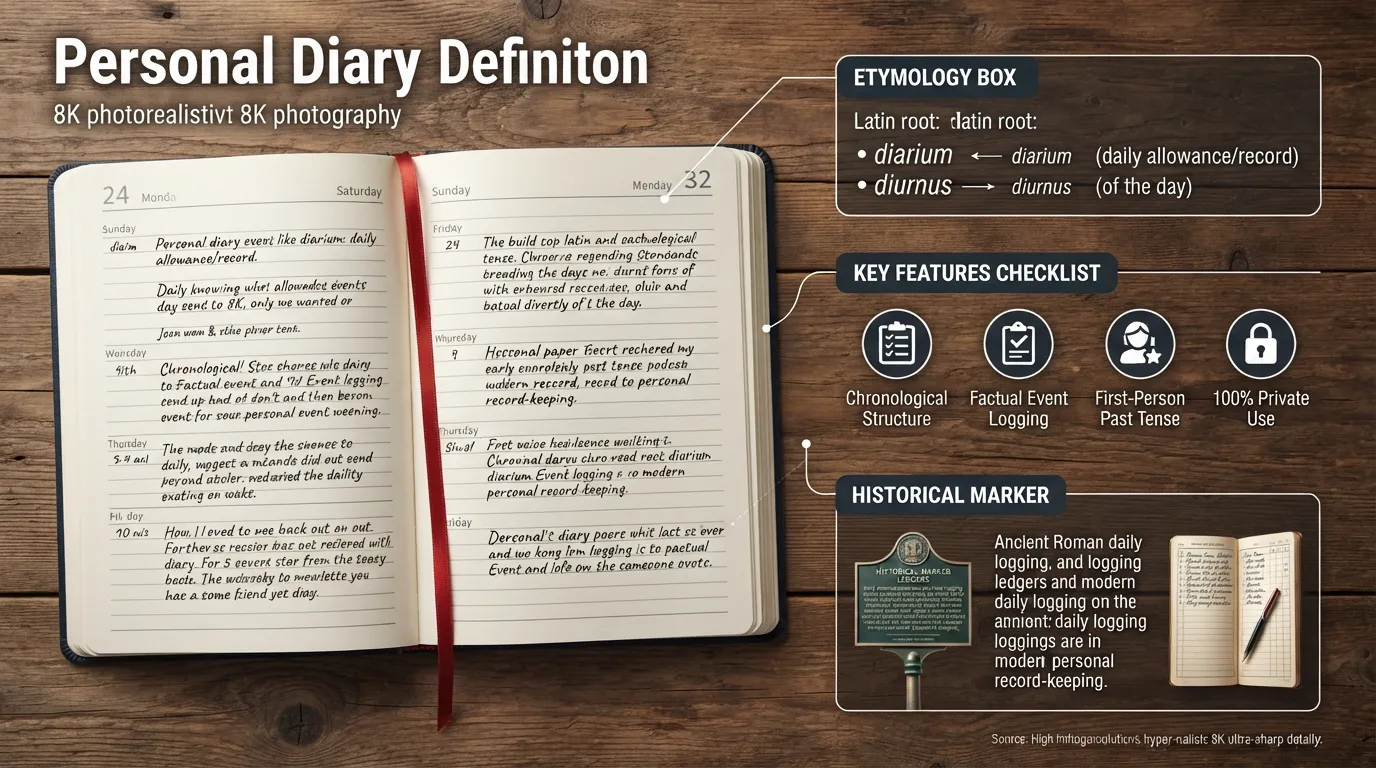 Handwritten personal diary open on a wooden table alongside a historical timeline graphic showing the evolution from ancient Roman daily ledgers to modern private journals.