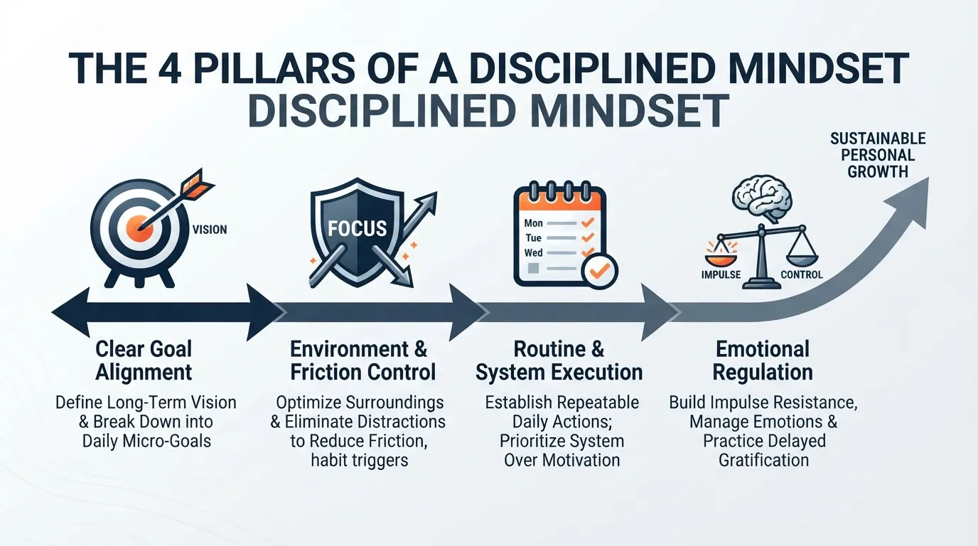 Diagram illustrating the 4 core pillars of developing a disciplined mindset for personal growth, including goal clarity, daily routines, emotional control, and habit tracking.