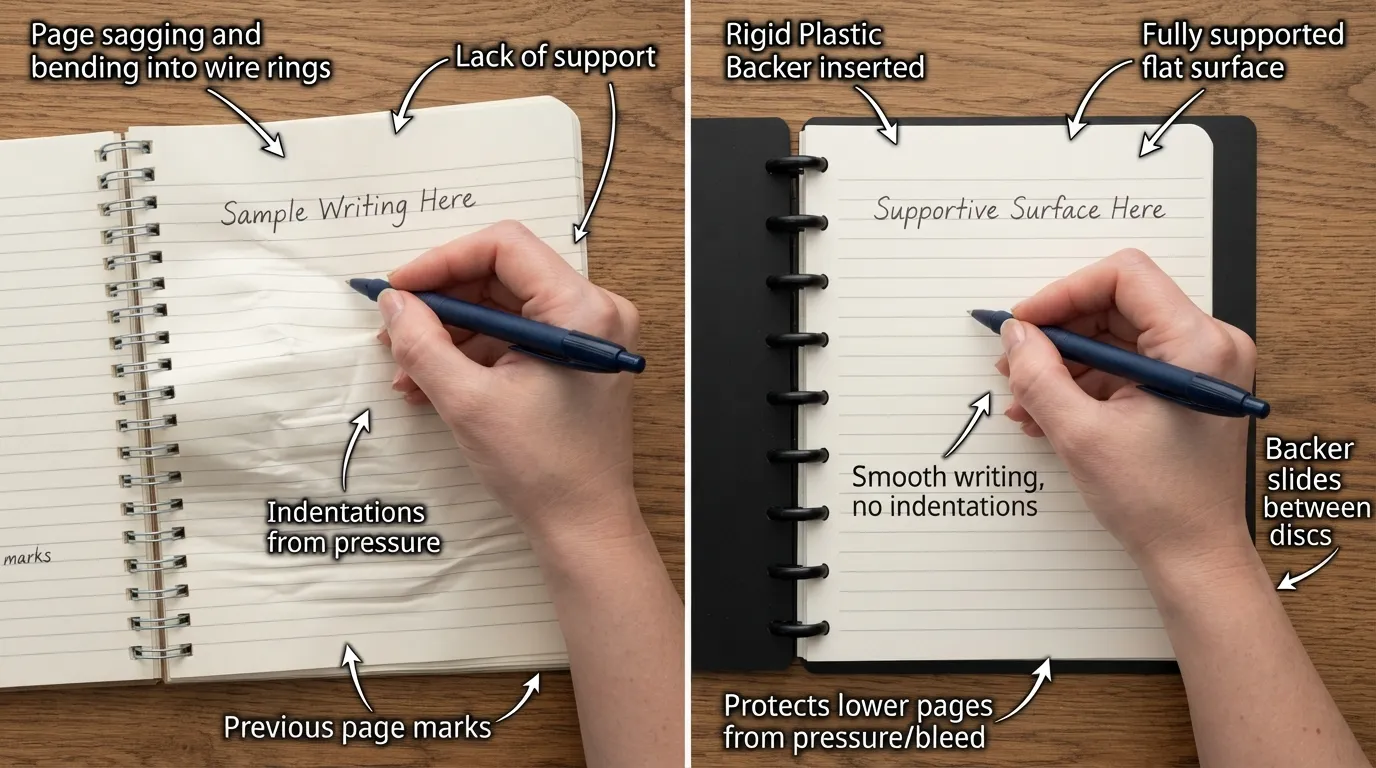 A flexible plastic writing board slipping behind a single page in an open spiral notebook to provide a flat writing surface.