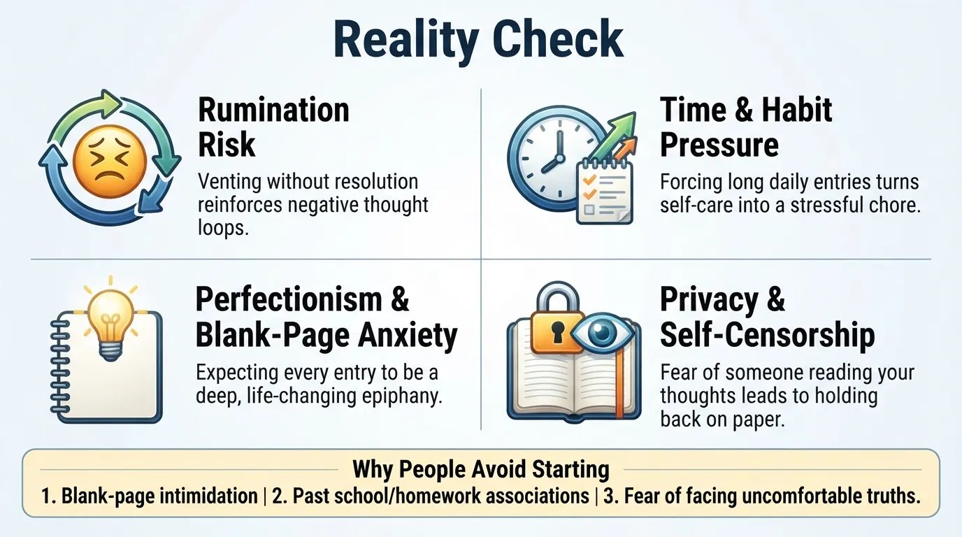 Infographic illustrating the four main downsides of journaling: rumination loops, time pressure, unrealistic expectations, and privacy concerns, alongside key reasons why people avoid starting a journal.