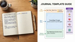 An open handwritten paper journal on a wooden desk alongside a clean visual breakdown of a standard daily journal format, template layout, and entry types.