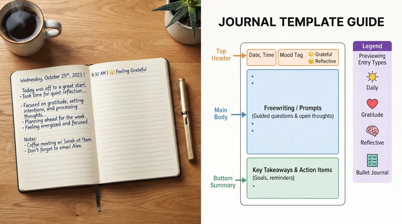 An open handwritten paper journal on a wooden desk alongside a clean visual breakdown of a standard daily journal format, template layout, and entry types.