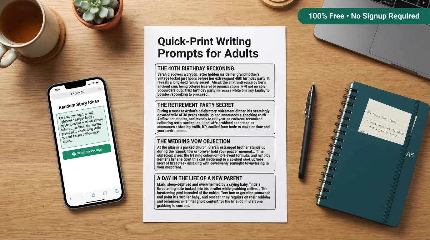 A printable writing prompt reference sheet laid out next to a smartphone showing a random writing prompt picker interface on a wooden desk with a pen and notebook.