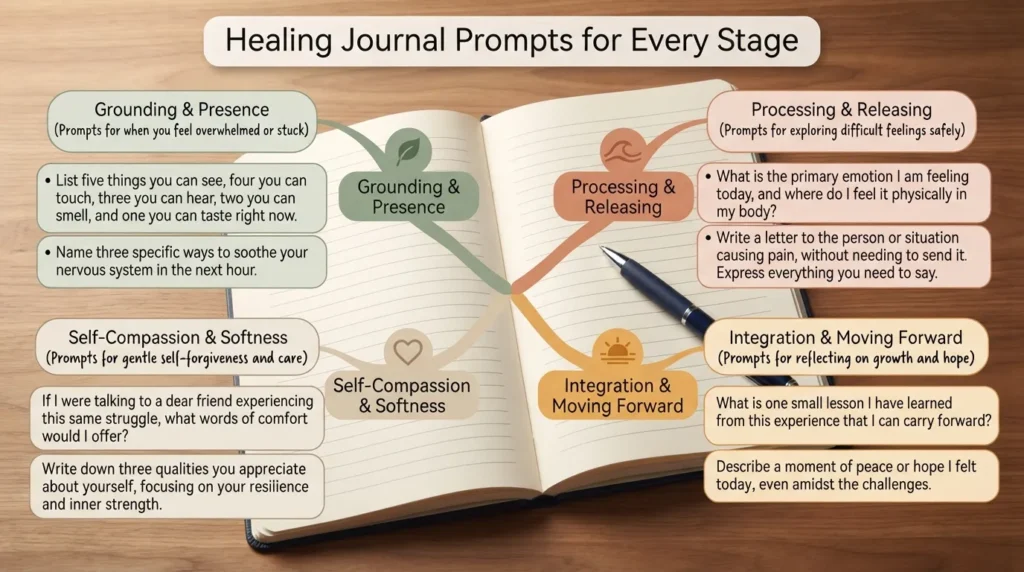 An open, handwritten journal surrounded by watercolor section dividers showing different stages of emotional healing, labeled with gentle writing prompts and supportive reflection exercise ideas.