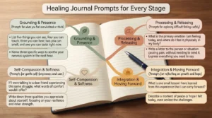 An open, handwritten journal surrounded by watercolor section dividers showing different stages of emotional healing, labeled with gentle writing prompts and supportive reflection exercise ideas.