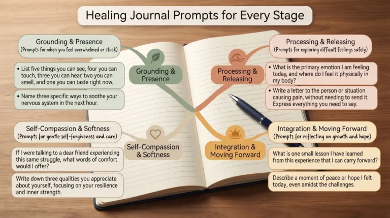 An open, handwritten journal surrounded by watercolor section dividers showing different stages of emotional healing, labeled with gentle writing prompts and supportive reflection exercise ideas.