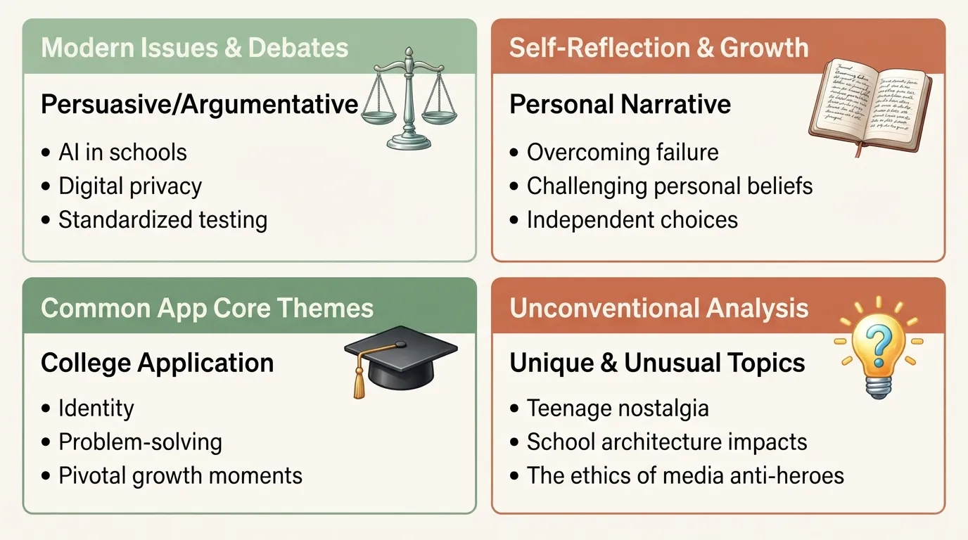 Infographic illustrating the primary essay writing prompt categories for high school students, including persuasive, personal narrative, college application, and unusual essay topics.