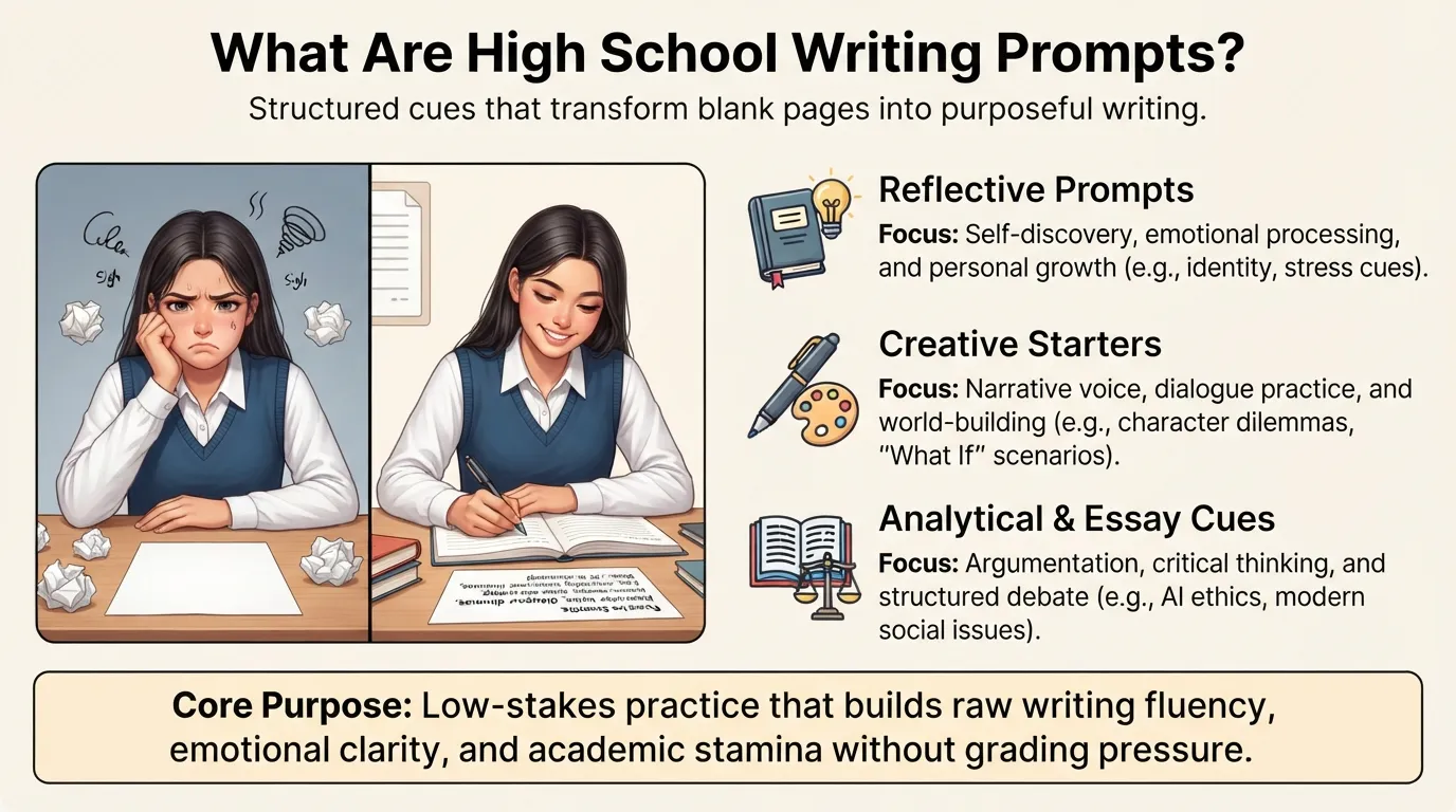 Infographic illustrating what high school writing prompts are, highlighting the three main types: reflective journal prompts, creative story starters, and analytical essay topics for students aged 14 to 18.
