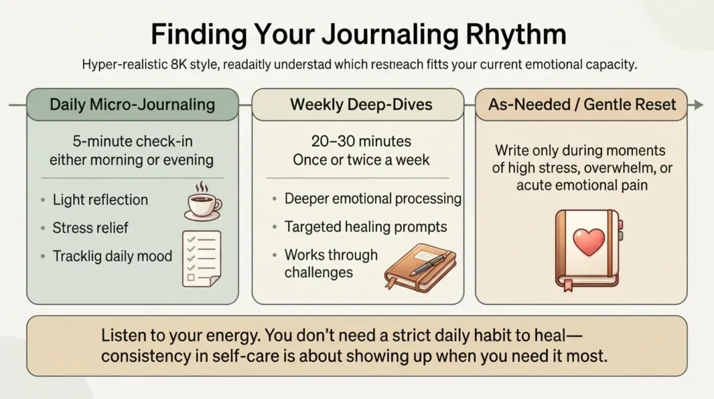 Infographic illustrating different journaling frequencies, from daily check-ins to weekly deep-dives, showing that consistency matters more than perfection.