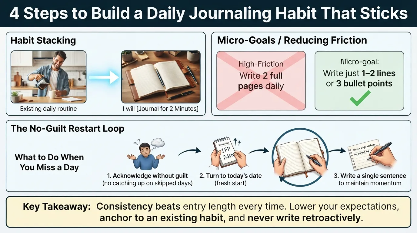 Infographic showing a step-by-step roadmap for building a daily journaling habit, featuring habit stacking triggers, micro-writing goals, and a no-guilt restart framework for missed days.
