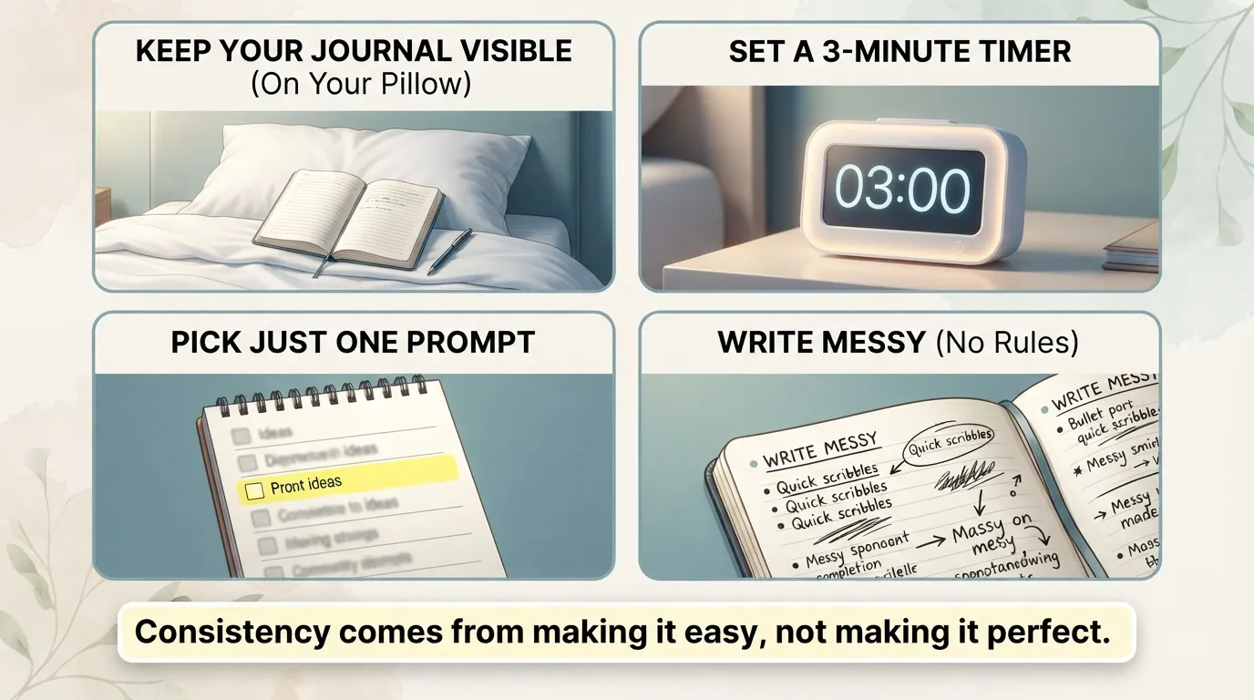 A step-by-step visual diagram showing four easy tips to build a daily morning journaling habit, including keeping a notebook on your pillow and setting a 3-minute timer.
