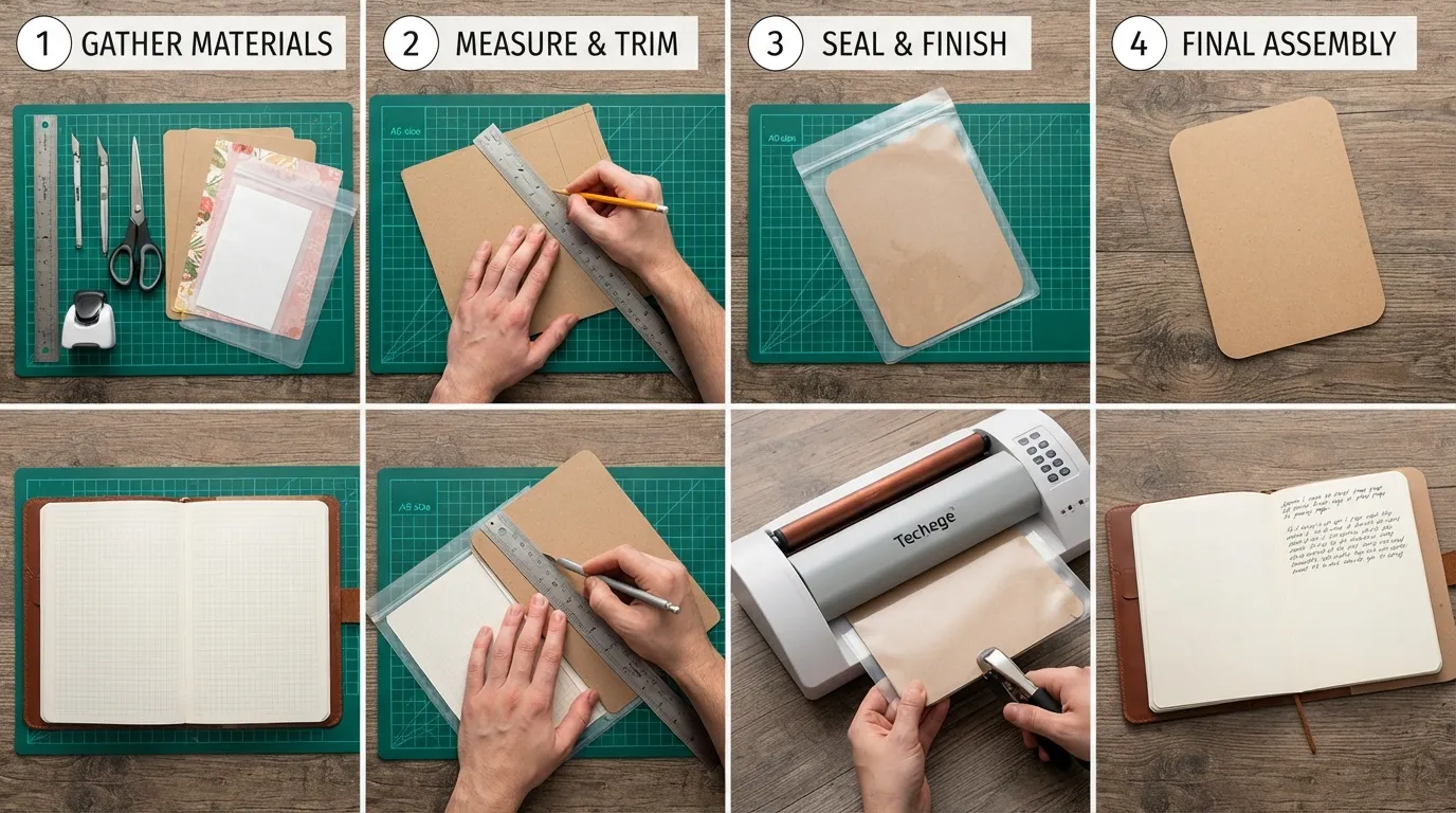 A step-by-step visual guide showing tools and materials needed to measure, cut, and finish a handmade journal backing board on a desk.